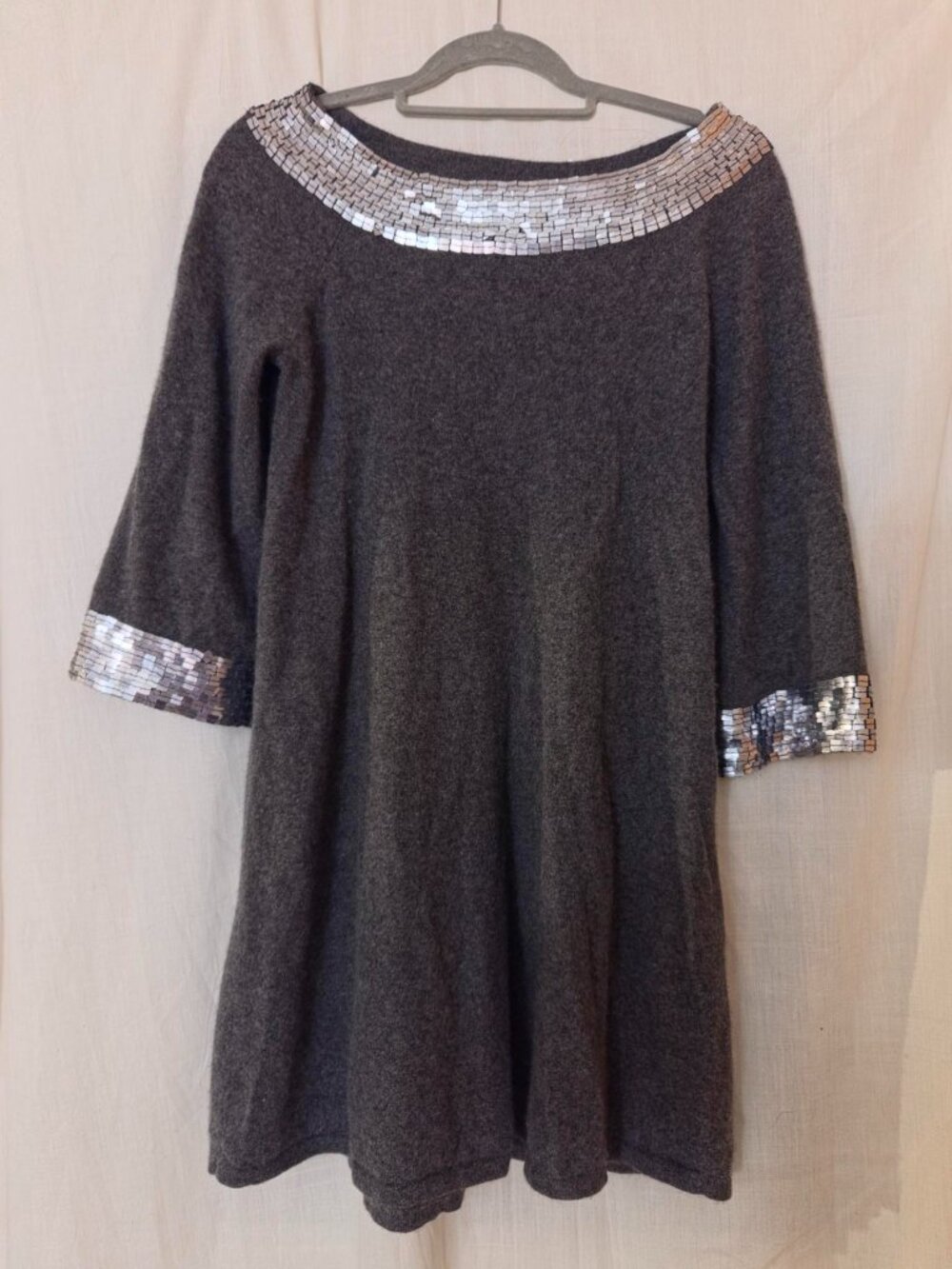 Lord & Taylor 100% 2-Ply Cashmere Sweater Dress Gray Sequin Embellished XL